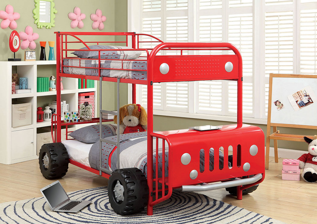 Affordable Mattress And Furniture Explorer Red Jeep Design Twin Explorer Red Jeep Design Twin Bunk Bed Furniture Of America